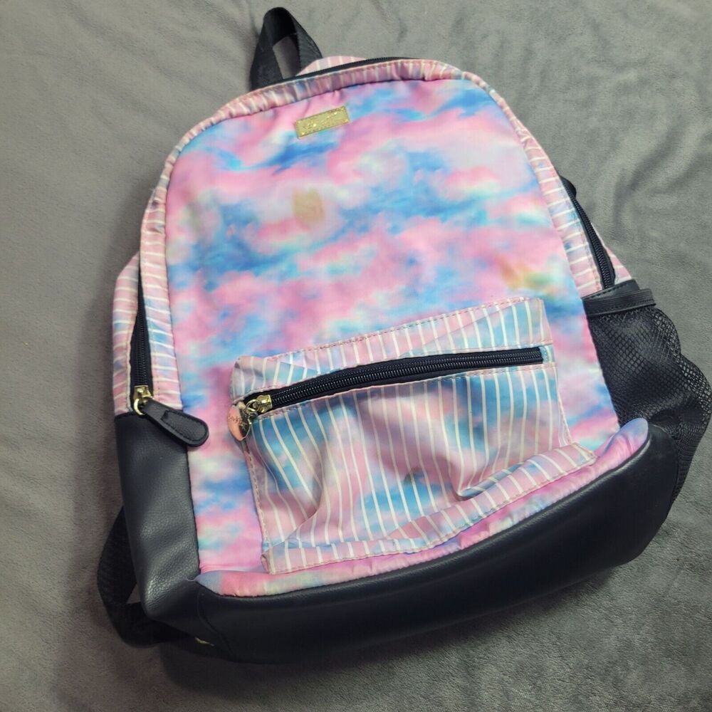 Betsey Johnson Tie-Dye Backpack With Striped Pocket & Black Leather Accents